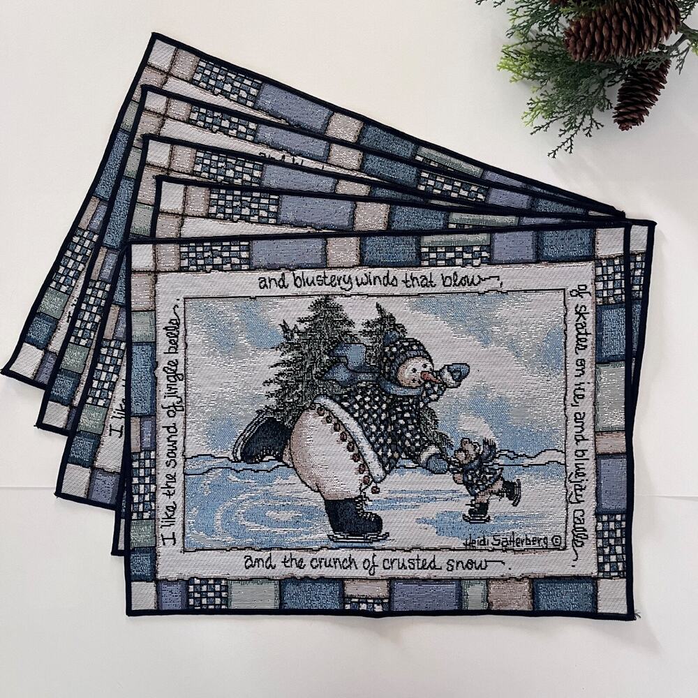 VTG Set of 5 Mohawk Home Woven Placemats Heidi Satterberg Snowman Iceskating USA